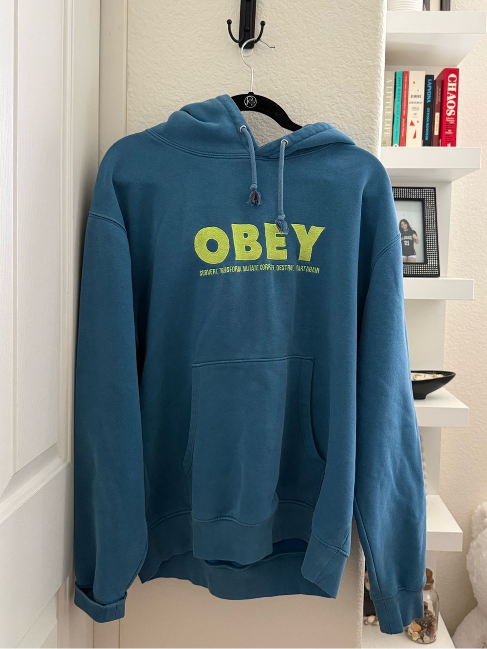 OBEY Teal Blue Pullover Hoodie with Black Logo Tag